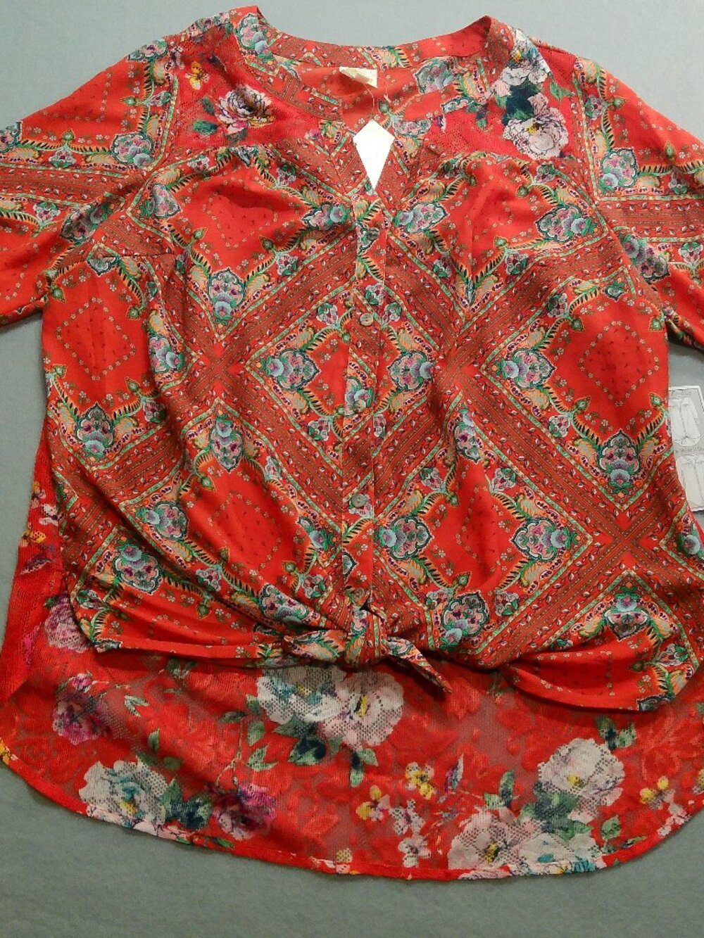 WomenSBlouse Fig & Flower Colorful Red Blouse 3/4 Sleeves Button Up Lace SZ 2X